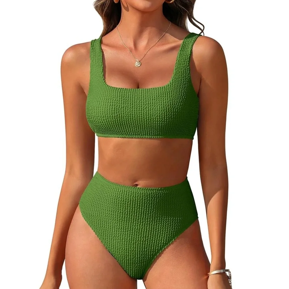ANRABESS Bikini Set Women‎ L Green Smocked High Waist Square Neck Beach 436 NWT